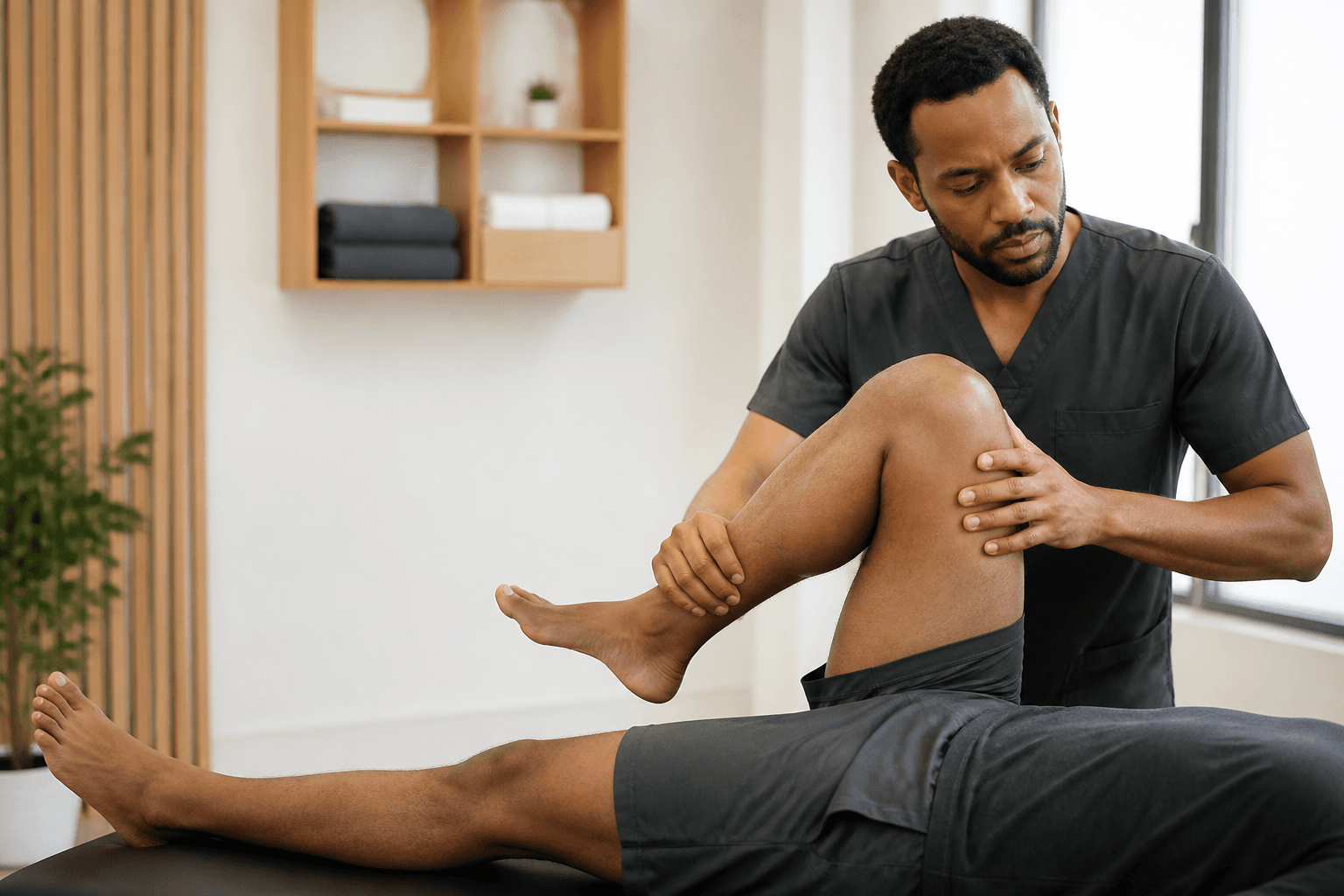 Physiotherapist guiding a knee mobility treatment